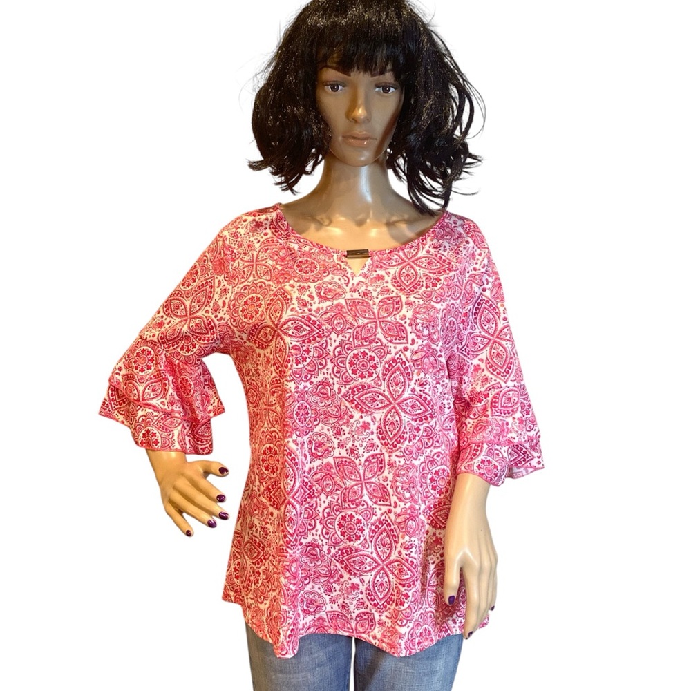 Once & Again Dark Pink & White Pattern Elbow Sleeve Top Shirt Size Large NWT
